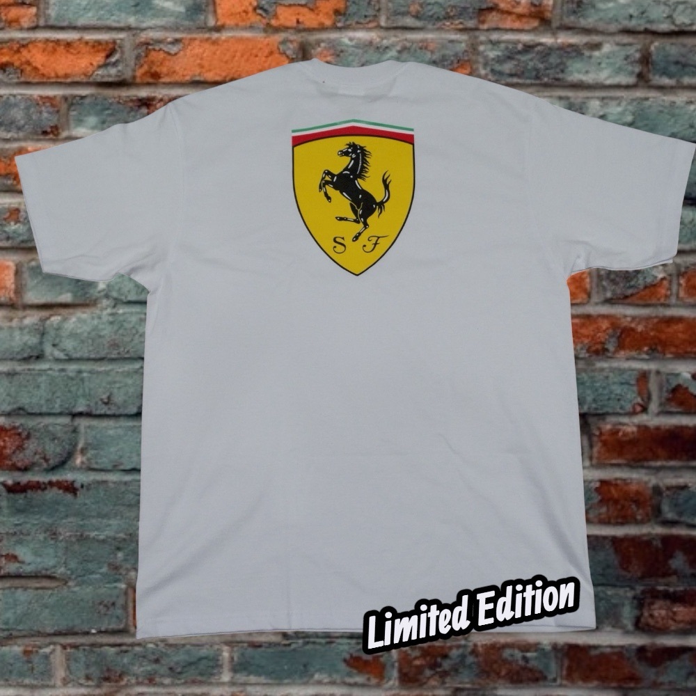 New! White Ferrari T-Shirt | Ferrari Logo Back, Ferrari Font Front- All sizes